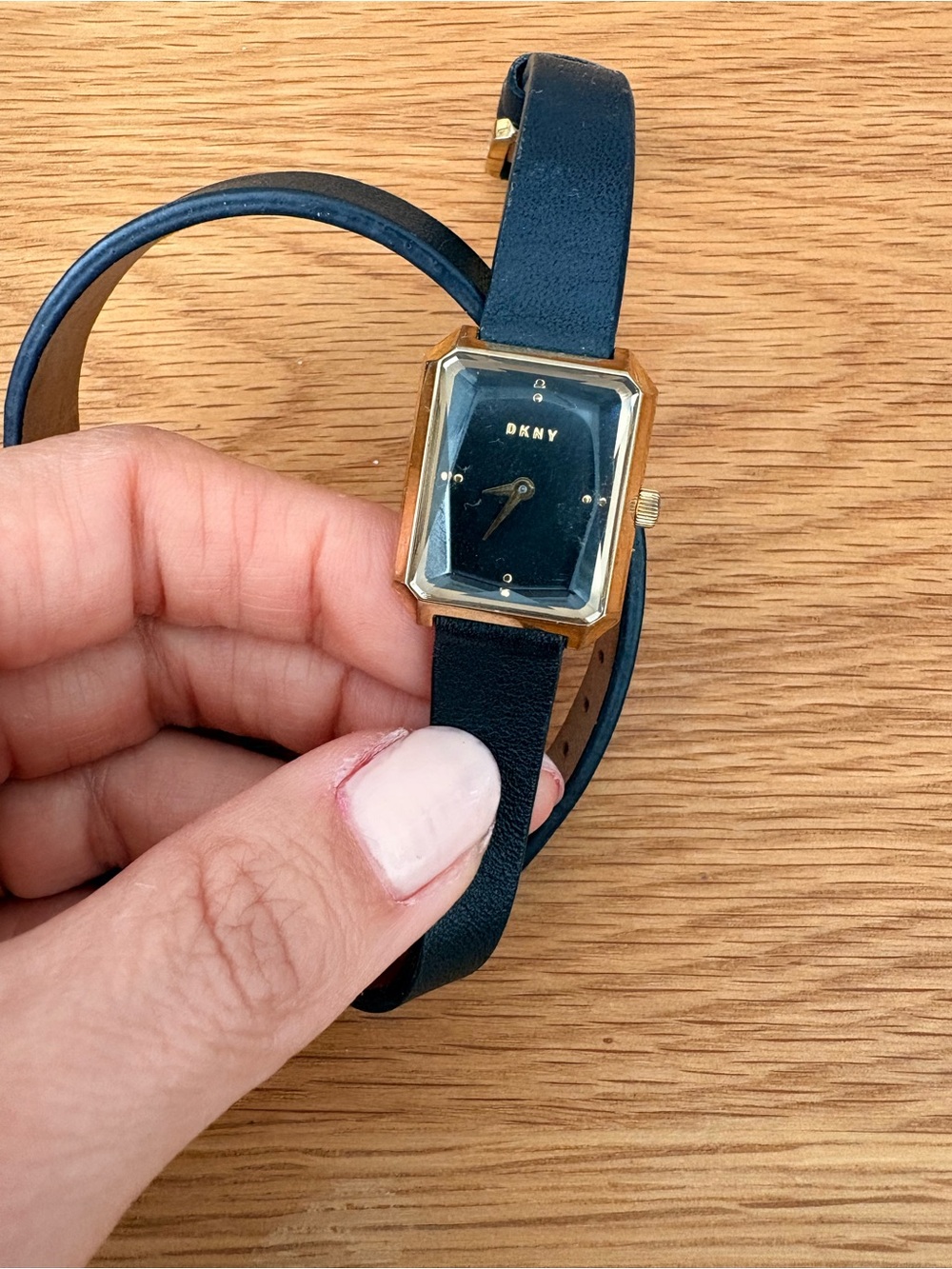 DKNY Black Leather Strap Gold-Tone Rectangular Women's Watch